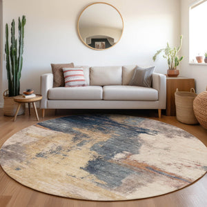 Homeroots 3' Brown & Light Yellow Abstract Rug – Stylish Washable Indoor/Outdoor Area Rug For Any Space 8' Round Polyester 602965