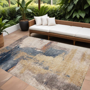 Homeroots 3' Brown & Light Yellow Abstract Rug – Stylish Washable Indoor/Outdoor Area Rug For Any Space 10' X 14' Polyester 602968