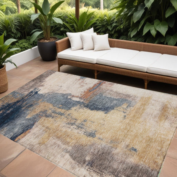 Homeroots 3' Brown & Light Yellow Abstract Rug – Stylish Washable Indoor/Outdoor Area Rug For Any Space 10' X 14' Polyester 602968