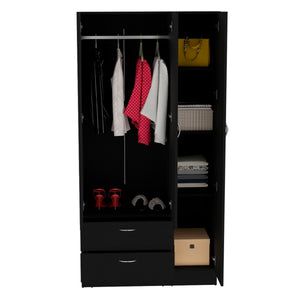 English Elm Riverside Mirrored Armoire with Three Doors, Two Drawers, Four Shelves and Hanging Rod for Wardrobe Organization Black 71 L x 16.9 W x 3.9 H B070S00215