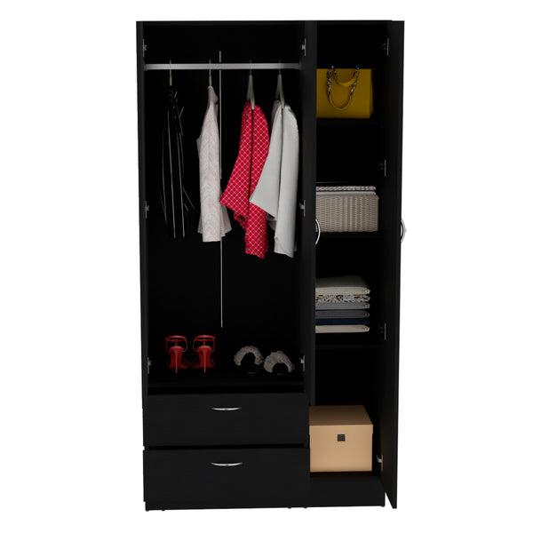English Elm Riverside Mirrored Armoire with Three Doors, Two Drawers, Four Shelves and Hanging Rod for Wardrobe Organization Black 71 L x 16.9 W x 3.9 H B070S00215