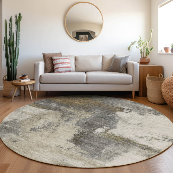 Homeroots 3' Brown & Light Yellow Abstract Rug – Stylish Washable Indoor/Outdoor Area Rug For Any Space 8' Round Polyester 602971