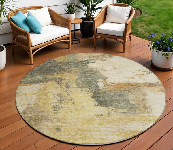 Homeroots 3' Brown & Light Yellow Abstract Rug – Stylish Washable Indoor/Outdoor Area Rug For Any Space 8' Round Polyester 602977