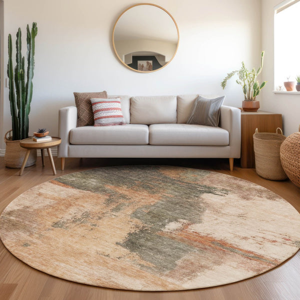 Homeroots 3' Brown & Light Yellow Abstract Rug – Stylish Washable Indoor/Outdoor Area Rug For Any Space 8' Round Polyester 602989