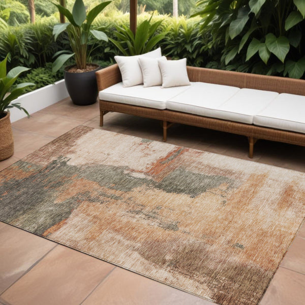 Homeroots 3' Brown & Light Yellow Abstract Rug – Stylish Washable Indoor/Outdoor Area Rug For Any Space 8' X 10' Polyester 602990
