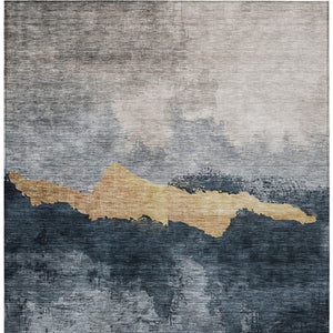 Homeroots 3' Stylish Blue Gray And Gold Abstract Washable Area Rug For Indoor And Outdoor Spaces, Durable Design 3' X 5' Polyester 602993