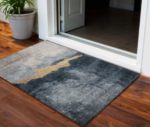 Homeroots 3' Stylish Blue Gray And Gold Abstract Washable Area Rug For Indoor And Outdoor Spaces, Durable Design 3' X 5' Polyester 602993