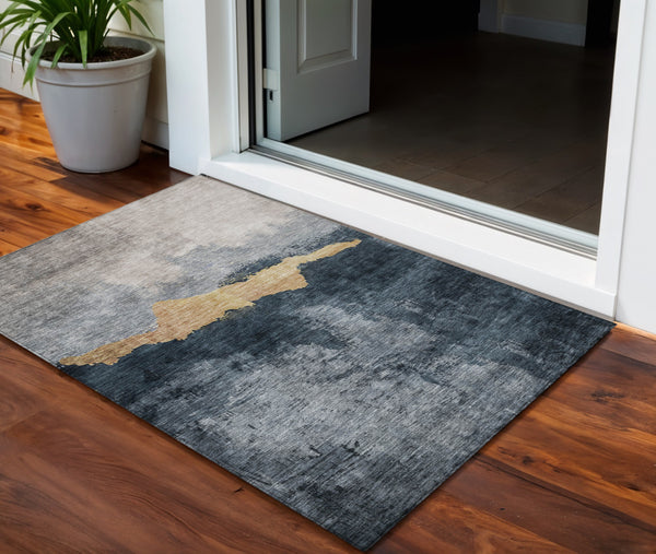 Homeroots 3' Stylish Blue Gray And Gold Abstract Washable Area Rug For Indoor And Outdoor Spaces, Durable Design 3' X 5' Polyester 602993