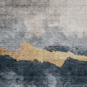 Homeroots 3' Stylish Blue Gray And Gold Abstract Washable Area Rug For Indoor And Outdoor Spaces, Durable Design 3' X 5' Polyester 602993