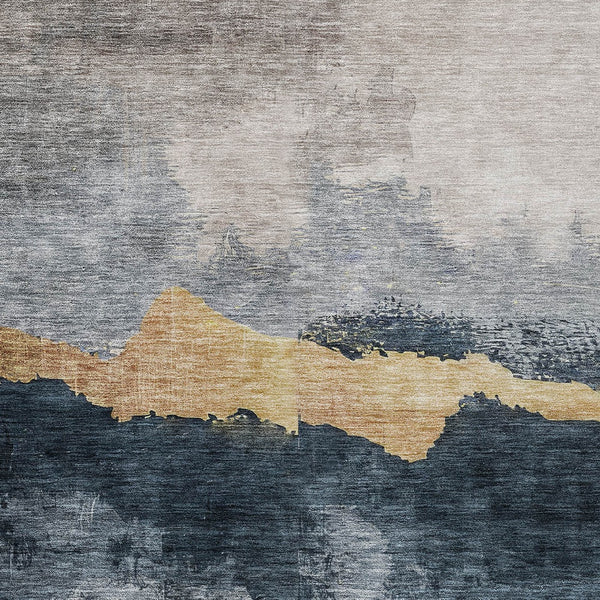 Homeroots 3' Stylish Blue Gray And Gold Abstract Washable Area Rug For Indoor And Outdoor Spaces, Durable Design 3' X 5' Polyester 602993