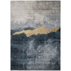 Homeroots 3' Stylish Blue Gray And Gold Abstract Washable Area Rug For Indoor And Outdoor Spaces, Durable Design 5' X 8' Polyester 602994