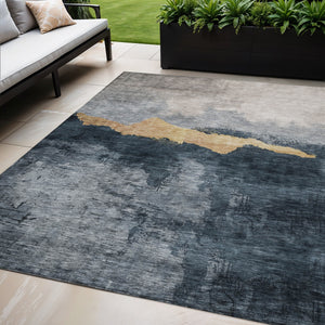 Homeroots 3' Stylish Blue Gray And Gold Abstract Washable Area Rug For Indoor And Outdoor Spaces, Durable Design 5' X 8' Polyester 602994
