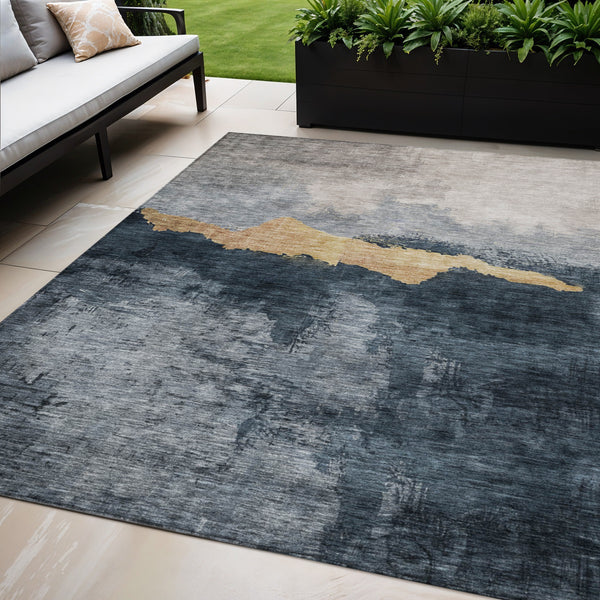 Homeroots 3' Stylish Blue Gray And Gold Abstract Washable Area Rug For Indoor And Outdoor Spaces, Durable Design 5' X 8' Polyester 602994