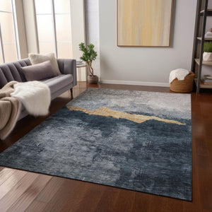 Homeroots 3' Stylish Blue Gray And Gold Abstract Washable Area Rug For Indoor And Outdoor Spaces, Durable Design 5' X 8' Polyester 602994