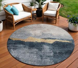 Homeroots 3' Stylish Blue Gray And Gold Abstract Washable Area Rug For Indoor And Outdoor Spaces, Durable Design 8' Round Polyester 602995