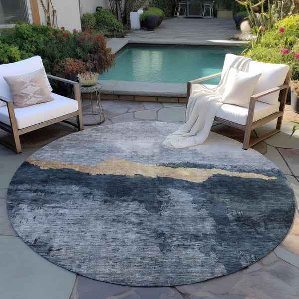 Homeroots 3' Stylish Blue Gray And Gold Abstract Washable Area Rug For Indoor And Outdoor Spaces, Durable Design 8' Round Polyester 602995