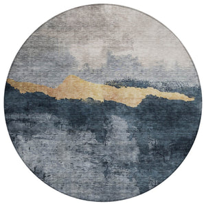 HomeRoots 5' Blue Gray Gold Abstract Area Rug - Washable, Durable, Stylish for Indoor & Outdoor Spaces 8' Round 602995