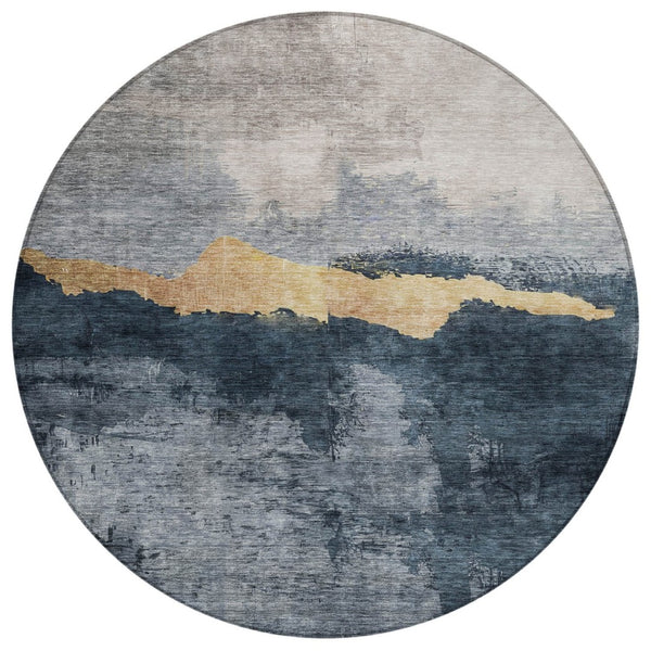 HomeRoots 5' Blue Gray Gold Abstract Area Rug - Washable, Durable, Stylish for Indoor & Outdoor Spaces 8' Round 602995