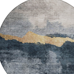 Homeroots 3' Stylish Blue Gray And Gold Abstract Washable Area Rug For Indoor And Outdoor Spaces, Durable Design 8' Round Polyester 602995