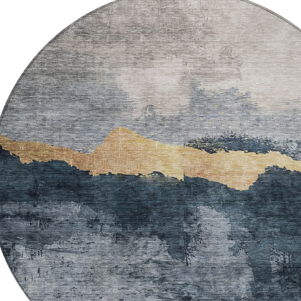 Homeroots 3' Stylish Blue Gray And Gold Abstract Washable Area Rug For Indoor And Outdoor Spaces, Durable Design 8' Round Polyester 602995
