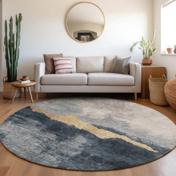 Homeroots 3' Stylish Blue Gray And Gold Abstract Washable Area Rug For Indoor And Outdoor Spaces, Durable Design 8' Round Polyester 602995