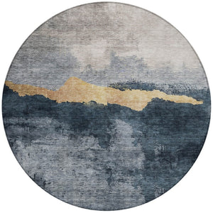 Homeroots 3' Stylish Blue Gray And Gold Abstract Washable Area Rug For Indoor And Outdoor Spaces, Durable Design 8' Round Polyester 602995