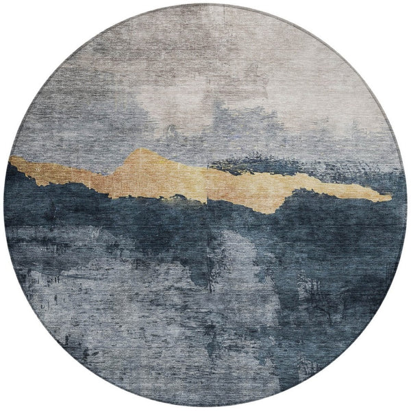 Homeroots 3' Stylish Blue Gray And Gold Abstract Washable Area Rug For Indoor And Outdoor Spaces, Durable Design 8' Round Polyester 602995