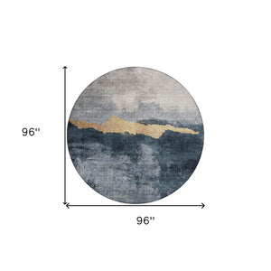 Homeroots 3' Stylish Blue Gray And Gold Abstract Washable Area Rug For Indoor And Outdoor Spaces, Durable Design 8' Round Polyester 602995