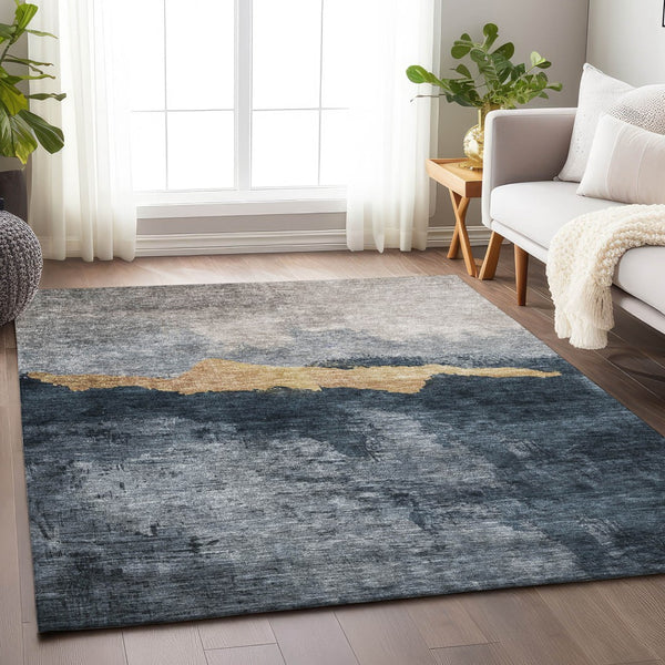 Homeroots 3' Stylish Blue Gray And Gold Abstract Washable Area Rug For Indoor And Outdoor Spaces, Durable Design 8' X 10' Polyester 602996