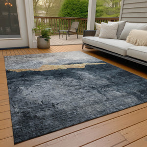 Homeroots 3' Stylish Blue Gray And Gold Abstract Washable Area Rug For Indoor And Outdoor Spaces, Durable Design 8' X 10' Polyester 602996