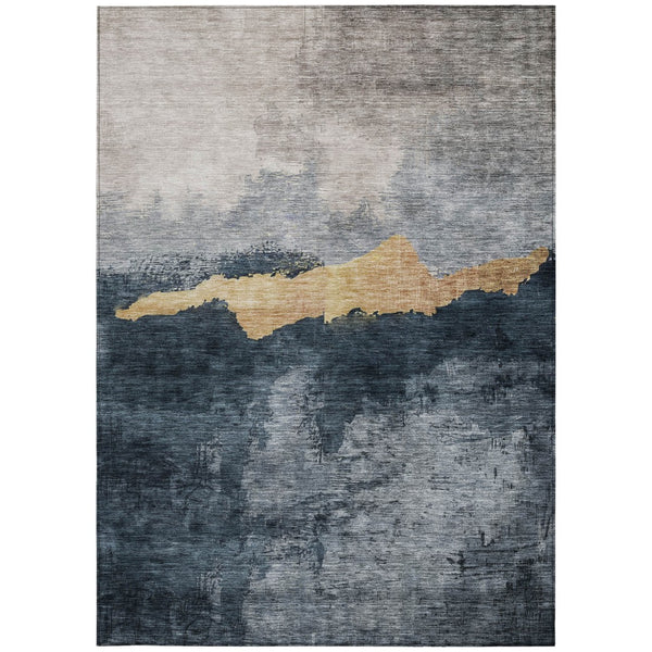 Homeroots 3' Stylish Blue Gray And Gold Abstract Washable Area Rug For Indoor And Outdoor Spaces, Durable Design 9' X 12' Polyester 602997