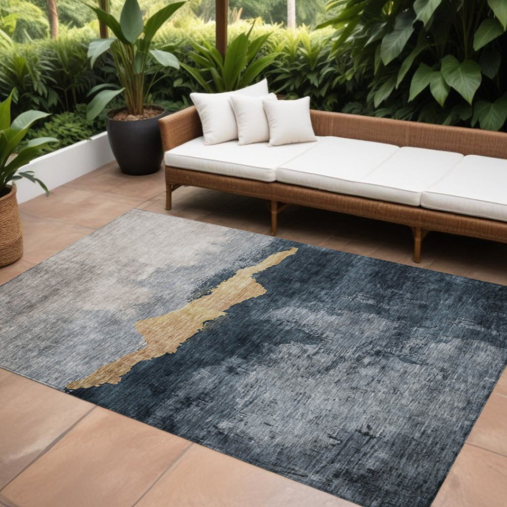 HomeRoots 9' X 12' Blue Gray Gold Abstract Area Rug – Stylish, Durable & Washable for Indoor & Outdoor Spaces 602997