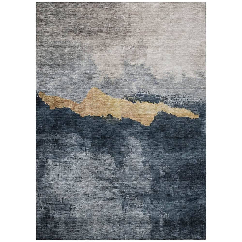 HomeRoots 9' X 12' Blue Gray Gold Abstract Area Rug – Stylish, Durable & Washable for Indoor & Outdoor Spaces 602997