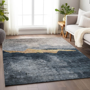 Homeroots 3' Stylish Blue Gray And Gold Abstract Washable Area Rug For Indoor And Outdoor Spaces, Durable Design 9' X 12' Polyester 602997