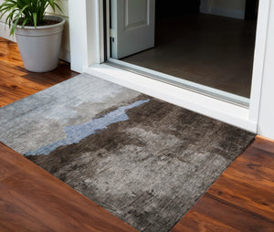 Homeroots 3' Stylish Blue Gray And Gold Abstract Washable Area Rug For Indoor And Outdoor Spaces, Durable Design 3' X 5' Polyester 602999