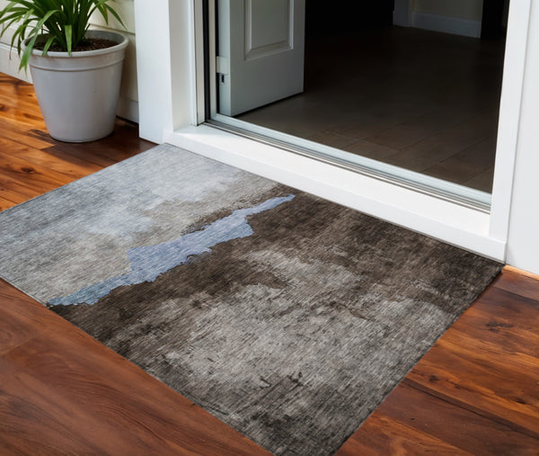 Homeroots 3' Stylish Blue Gray And Gold Abstract Washable Area Rug For Indoor And Outdoor Spaces, Durable Design 3' X 5' Polyester 602999