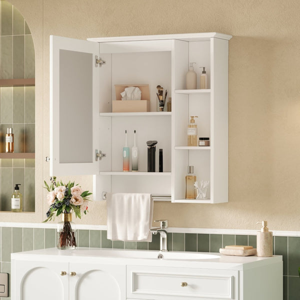 English Elm 3-in-1 Matte Medicine Cabinet Wall Mounted Mirror with Towel Bar and Storage Shelf White N710P401340K