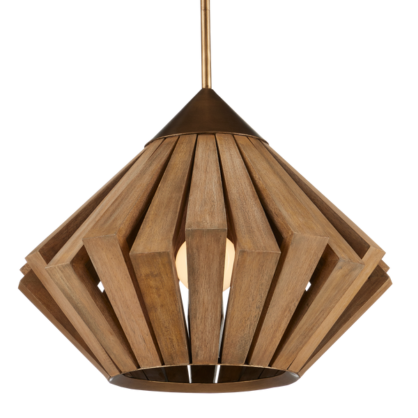 Plunge Pendant Light - Mid-Century Modern Wooden Shade with Brass Finish, Adjustable Height Design