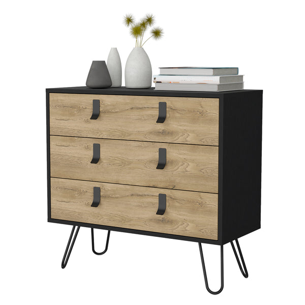 English Elm Kimball Modern Hairpin Legs Dresser, 3-Drawer Black/Macadamia Finish, Metal Handles, RTA Elegance B128P176106