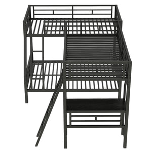 English Elm Twin Triple Bunk Bed with Loft, Desk & Shelf — Metal Black L-Shaped Sleep/Study Space, No Box SpringNeeded SM000606AAB
