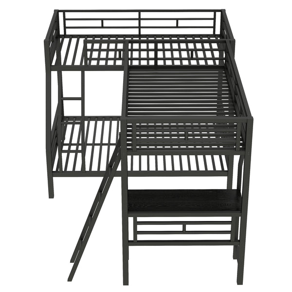 English Elm Twin Triple Bunk Bed with Loft, Desk & Shelf — Metal Black L-Shaped Sleep/Study Space, No Box SpringNeeded SM000606AAB