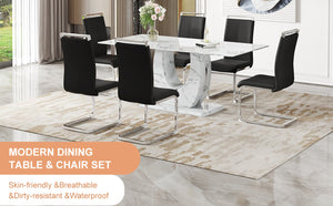 English Elm Table And Chair Set - Modern Marble Pattern Dining Set With 6 Comfortable Black Pu Chairs, 71"X35.4" W1151S02116-GIGA