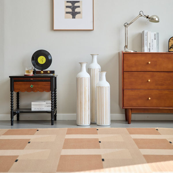 English Elm Floor Metal Vases Set Of 3 - Modern Gold & White Decorative Cylindrical Vases For Elegant Interiors W2796P255615