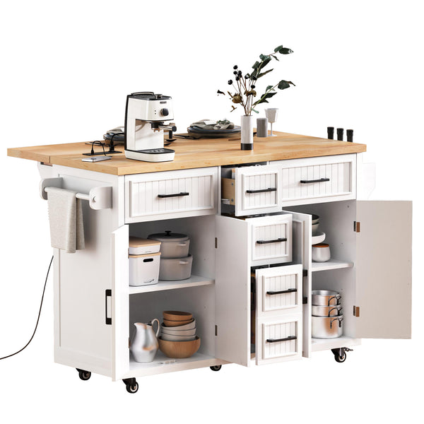 English Elm K&K 56.5" Kitchen Island with Drop Leaf, Embossed Vertical Stripe Barn Doors, Wheels & Charging Hub White N707P263094W