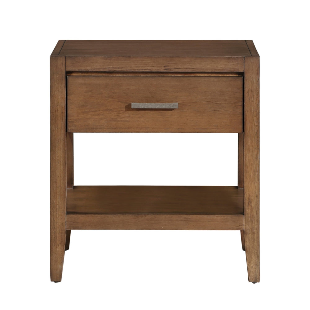 English Elm Transitional Evans Nightstand Light Brown Wire-Brush Finish with Drawer & Open Shelf, Antique Brass Accents B011P286827