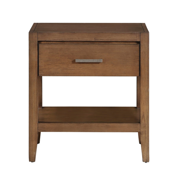 English Elm Transitional Evans Nightstand Light Brown Wire-Brush Finish with Drawer & Open Shelf, Antique Brass Accents B011P286827