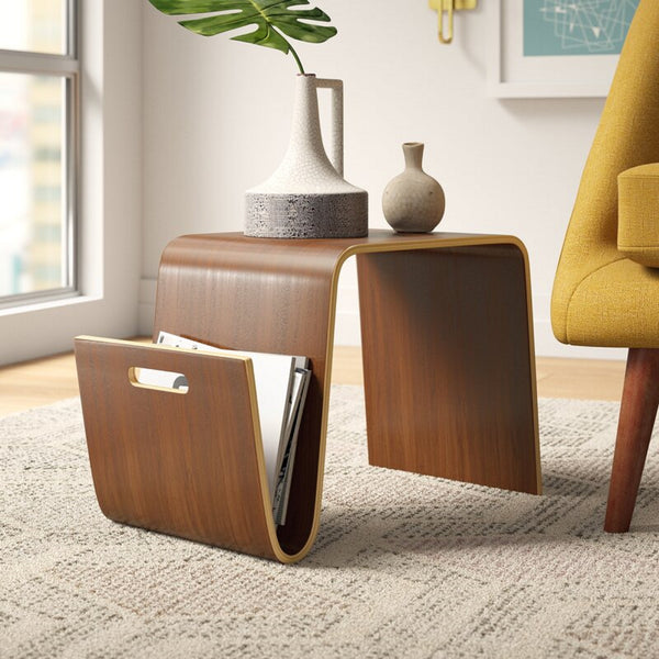 English Elm Brookside End Table with Curved Magazine Shelf & Cut-Out Handle, Plywood Veneer, Fully Assembled Walnut B365P398078