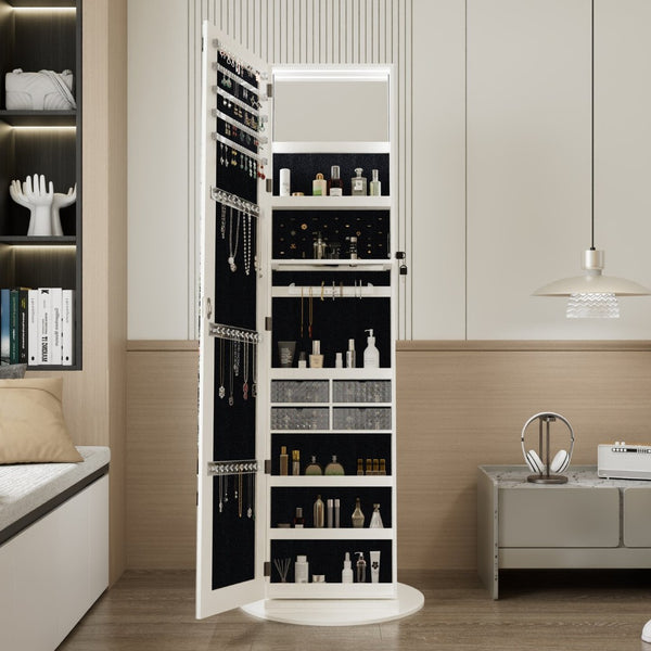 English Elm 360°swivel Jewelry Armoire with Lighted Interior Full Length Mirror Lockable White W3406P411303