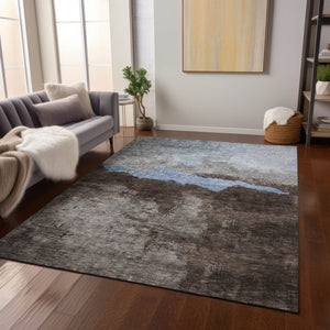 Homeroots 3' Stylish Blue Gray And Gold Abstract Washable Area Rug For Indoor And Outdoor Spaces, Durable Design 9' X 12' Polyester 603003