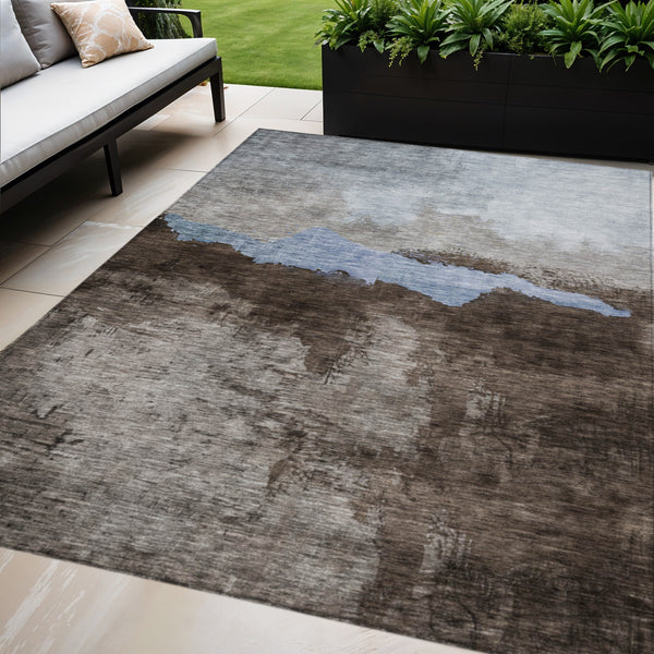 Homeroots 3' Stylish Blue Gray And Gold Abstract Washable Area Rug For Indoor And Outdoor Spaces, Durable Design 10' X 14' Polyester 603004